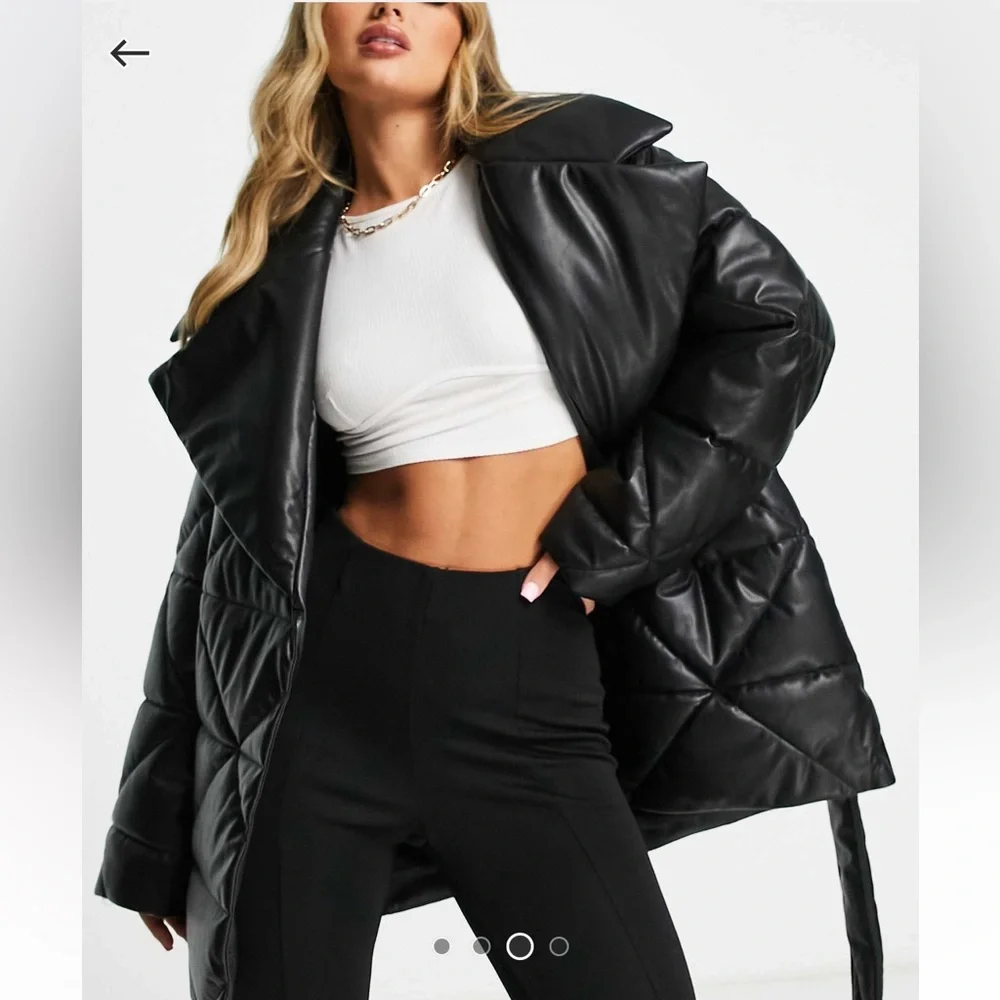 ASOS DESIGN collared puffer faux leather jacket in black - Picture 3 of 4